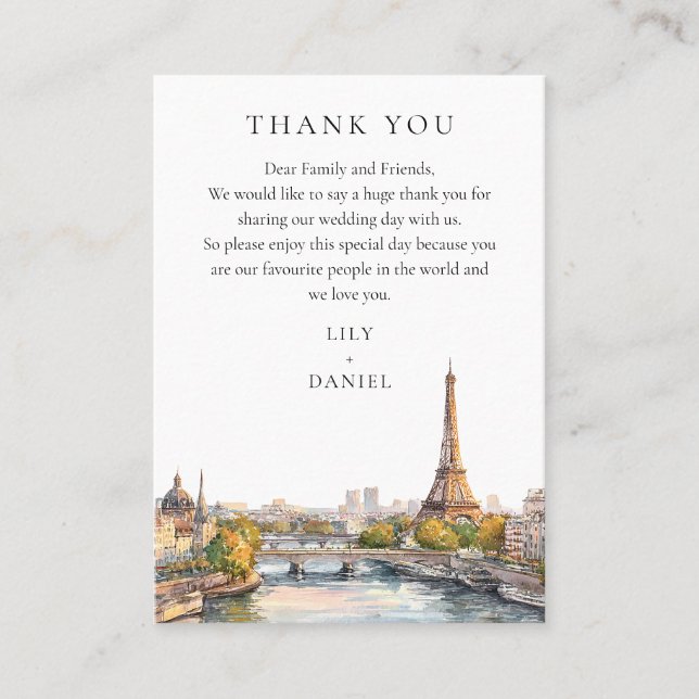 Watercolor Paris France Wedding Vielen Dank Platzkarte (Vorderseite)