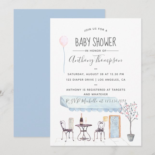 Watercolor Paris themed Baby Dusche Einladung (Vorne/Hinten)