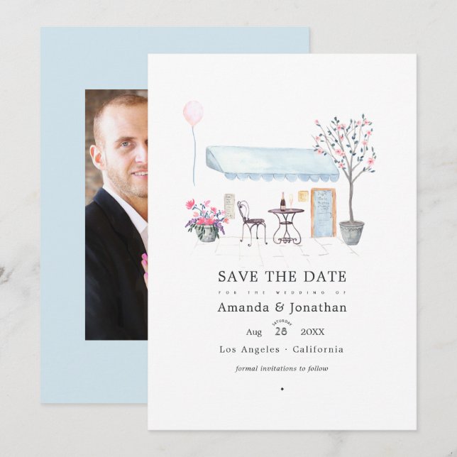 Watercolor Paris Wedding Foto Save The Date (Vorne/Hinten)
