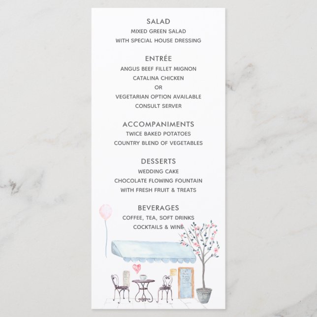 Watercolor Paris Wedding Menu Menükarte (Vorderseite)