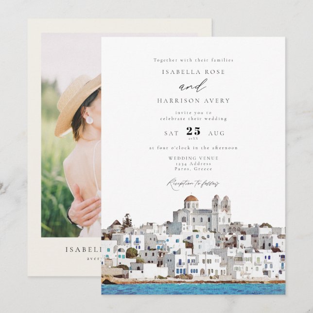 Watercolor Paros Greece Skyline Travel Wedding Einladung (Vorne/Hinten)