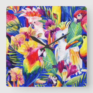 Watercolor Parrots Quadratische Wanduhr