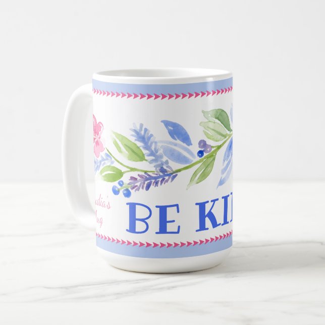 Watercolor Pastel Floral BE KIND Name Kaffeetasse (Vorderseite Links)
