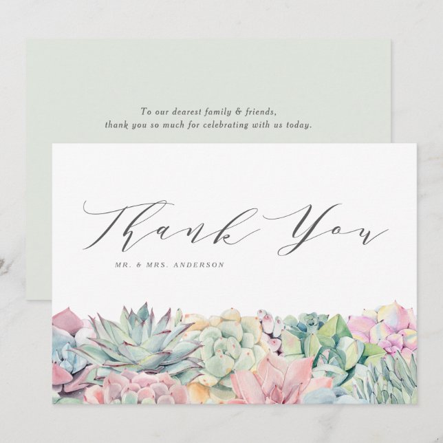 Watercolor Pastel Succulents Garland Wedding Dankeskarte (Vorne/Hinten)