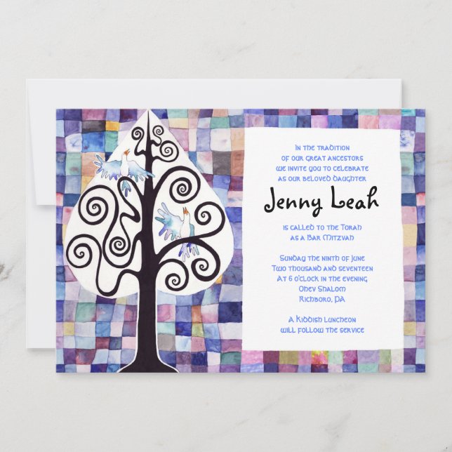 WATERCOLOR PATCHWORK TREE Bat Mitzvah Einladung (Vorderseite)