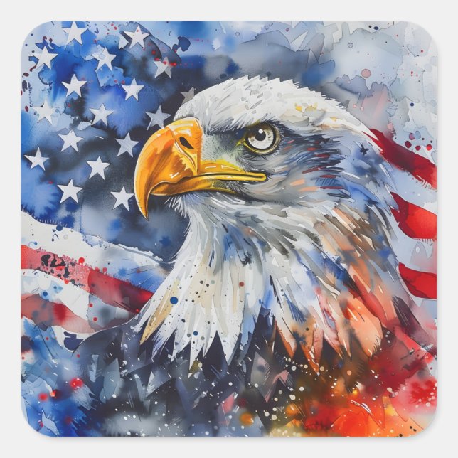 Watercolor Patriotic Bald Eagle Amerikanische Flag Quadratischer Aufkleber (Vorderseite)