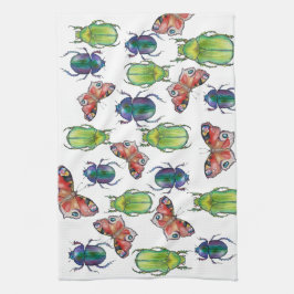 Watercolor pattern of beetles and butterflies geschirrtuch