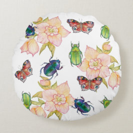 Watercolor pattern of beetles and butterflies rundes kissen