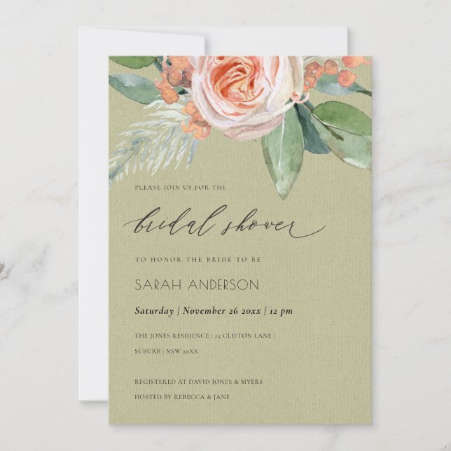 WATERCOLOR PEACH BLUME FOLIAGE BRAUTPARTY EINLADUNG (Vorderseite)