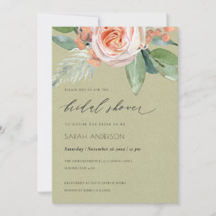 WATERCOLOR PEACH BLUME FOLIAGE BRAUTPARTY EINLADUNG
