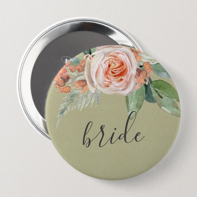 WATERCOLOR PEACH BLUME GREEN FOLIAGE GOLD BRITE BUTTON (Vorne & Hinten)