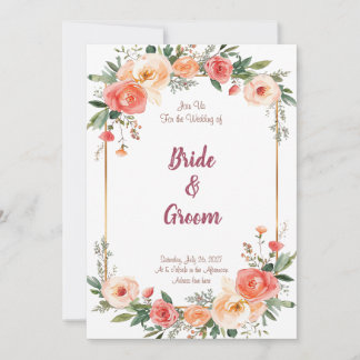 Watercolor Peach Coral Rose Gold Frame Floral Einladung