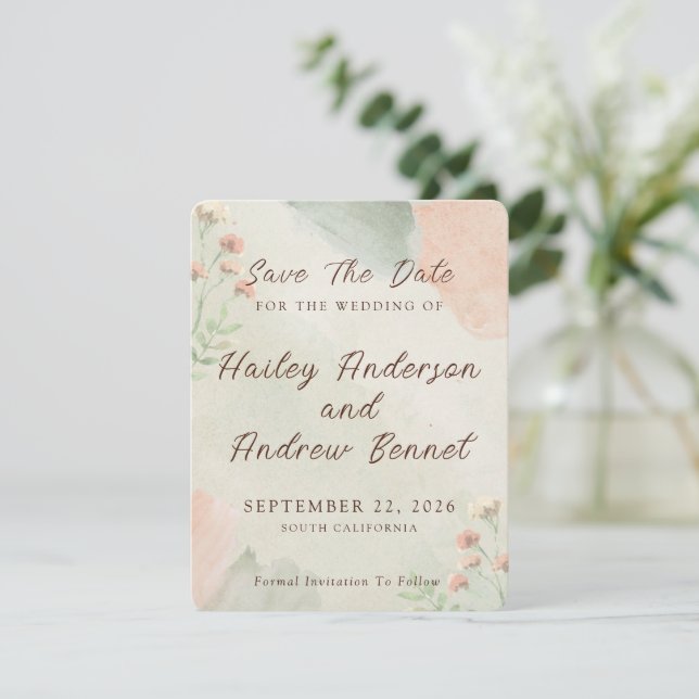 Watercolor Peach & Green Minimal Wedding Save The Date (Stehend Vorderseite)