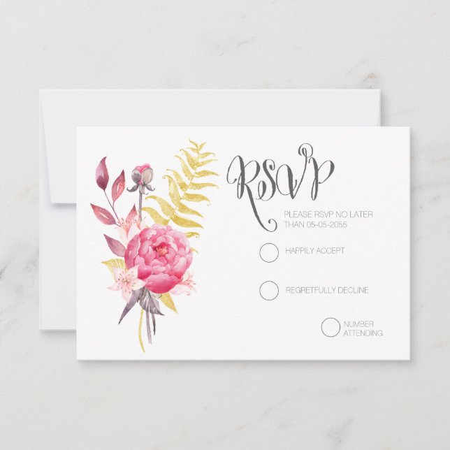 Watercolor Peonies Gold Wedding Cartes RSVP (Devant)