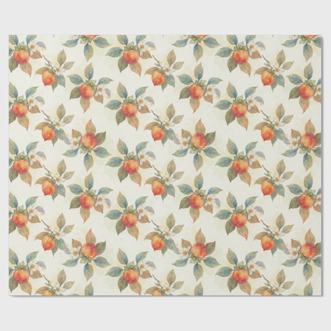 Watercolor Persimmon Fruit and Flowers  Geschenkpapier (Flach)