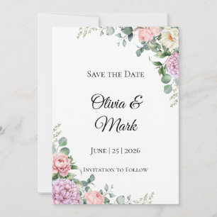 Watercolor-Pfingstrose und Eukalyptus - Heiratsank Save The Date