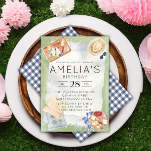 Watercolor Picnic Birthday Blue Gingham Party Einladung