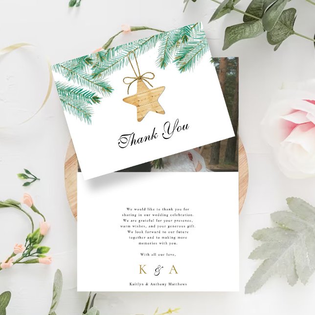 Watercolor Pine Boughs Winter Wedding Foto Dankeskarte (Von Creator hochgeladen)