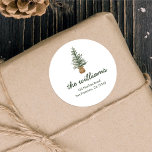 Watercolor Pine Christmas Tree Script Holiday Runder Aufkleber<br><div class="desc">Watercolor Pine Christmas Tree Script Holiday</div>