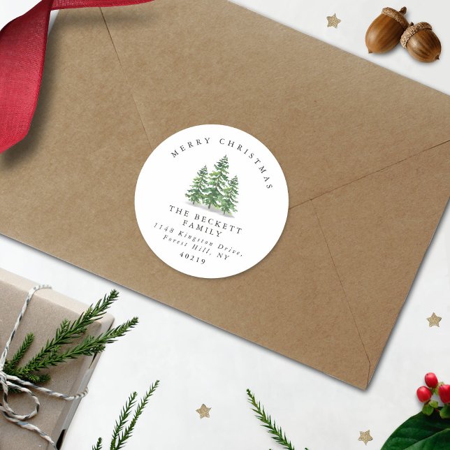 Watercolor Pine Tree Forest Christmas Runder Aufkleber (Von Creator hochgeladen)