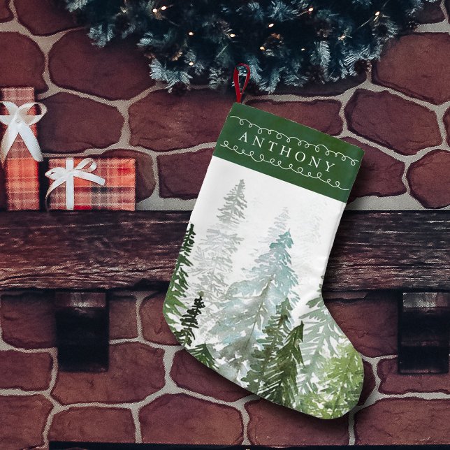 Watercolor Pine Tree Forest Custom Name Kleiner Weihnachtsstrumpf (Von Creator hochgeladen)