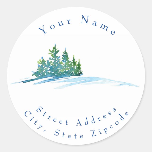 "Watercolor Pine Trees Snowscape" - Adressetikette Runder Aufkleber (Vorderseite)