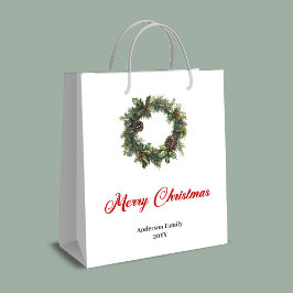 Watercolor pine wreath holiday gift bag with name mittlere geschenktüte