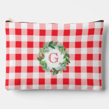 Watercolor Pine Wreath MONOGRAM Red Check LG