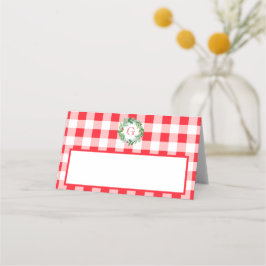 Watercolor Pine Wreath MONOGRAM Red Check  Platzkarte