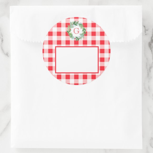 Watercolor Pine Wreath MONOGRAM Red Check  Runder Aufkleber (Tasche)