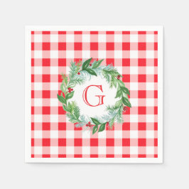 Watercolor Pine Wreath MONOGRAM Red Check  Serviette