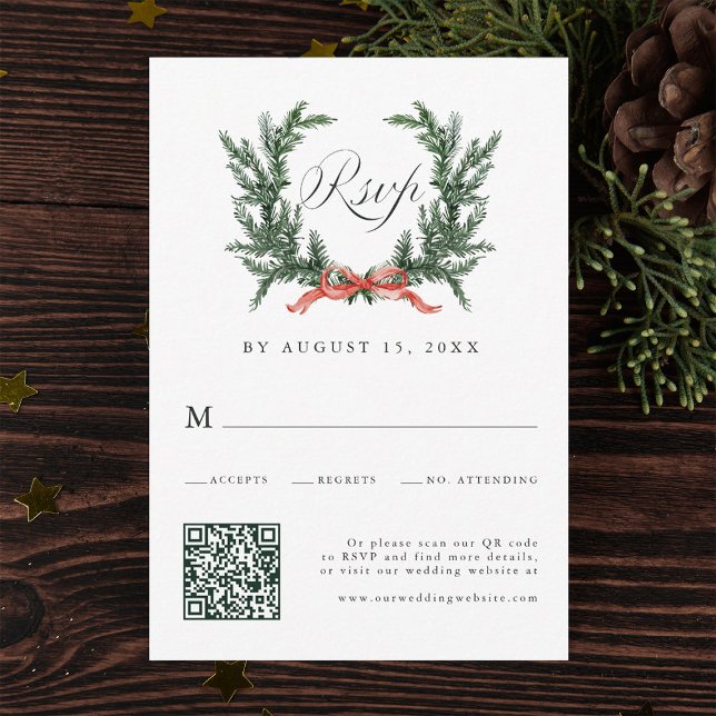 Watercolor Pine Wreath Wedding QR Code RSVP Karte (Von Creator hochgeladen)