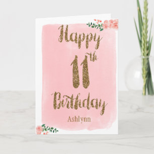 Watercolor Pink and Gold Glitter 11th Birthday Karte
