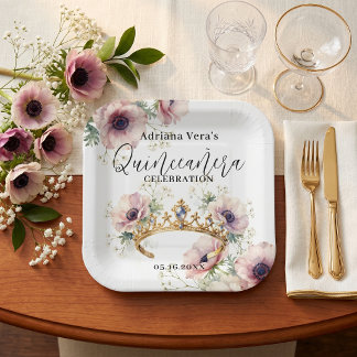 Watercolor Pink Anemones Gold Tiara Quinceañera Pappteller