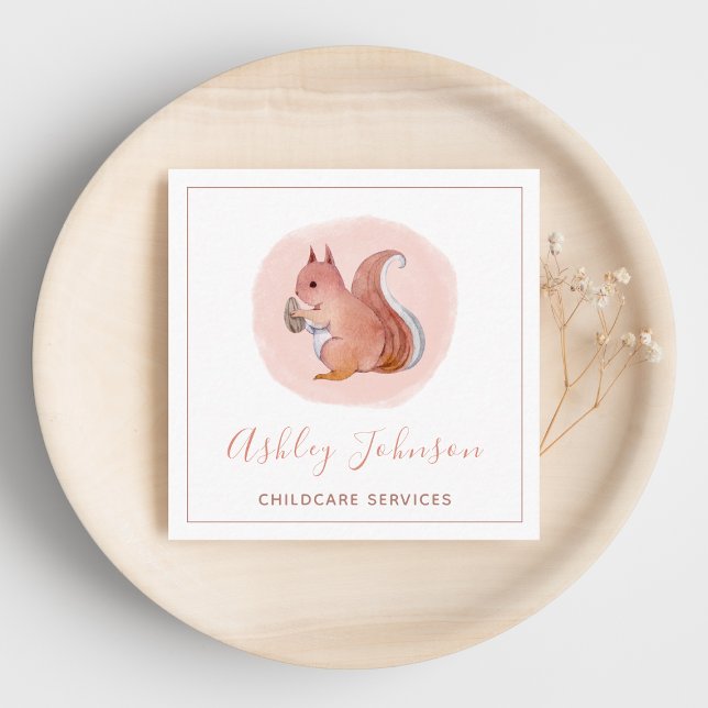 Watercolor Pink Baby Squirrel Kinderbetreuung Quadratische Visitenkarte (Von Creator hochgeladen)