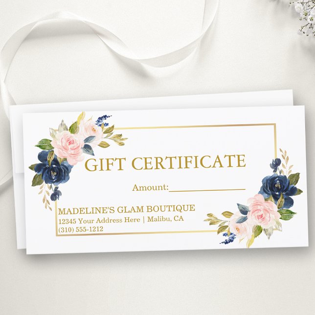 Watercolor Pink Blue Floral Gold Geschenkgutschein (Customize to change text size, style, color or to add text to back of certificate.)