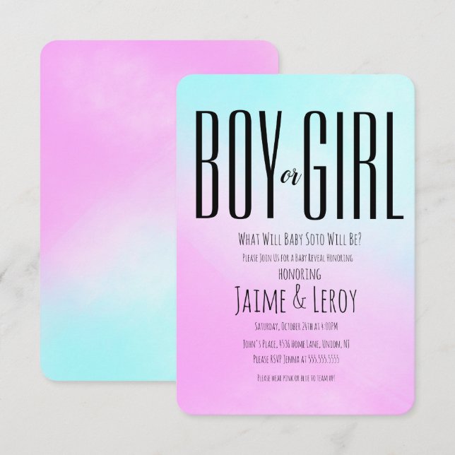 Watercolor Pink Blue Gender Reveal oder sie Einladung (Vorne/Hinten)
