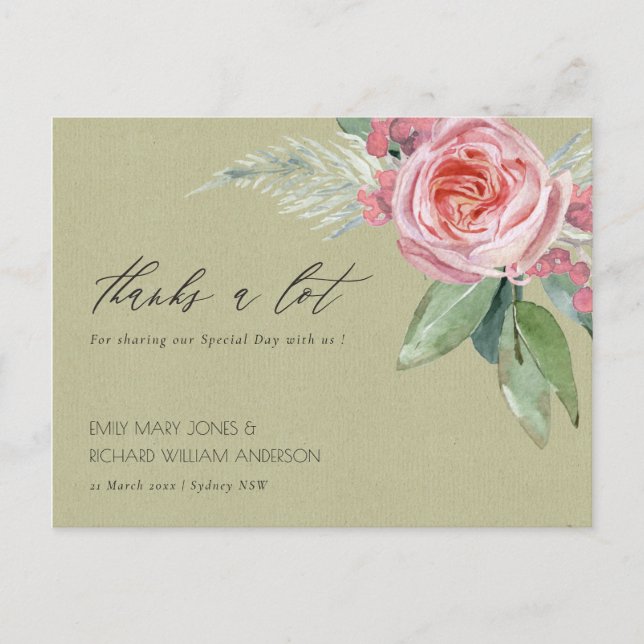 WATERCOLOR PINK BLUME GREEN FOLIAGE DANKE POSTKARTE (Vorderseite)