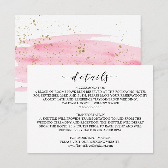Watercolor Pink Blush & Gold Wedding Details Card Begleitkarte (Vorne/Hinten)