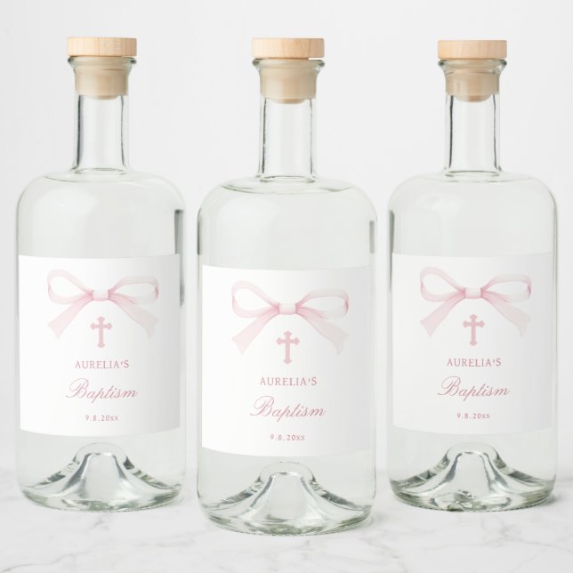 Watercolor Pink Bow Baptism Alkoholflaschenetikett (Flaschen)