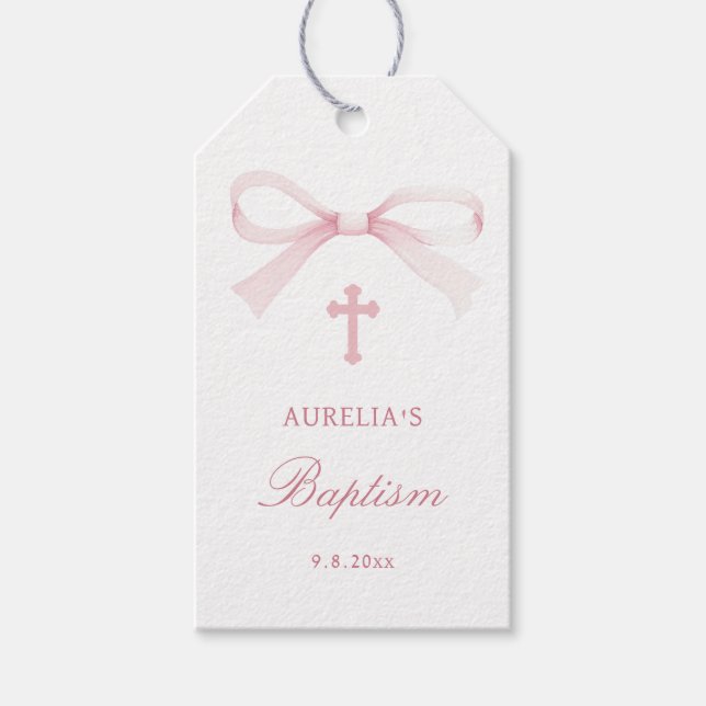 Watercolor Pink Bow Baptism Geschenkanhänger (Vorderseite)