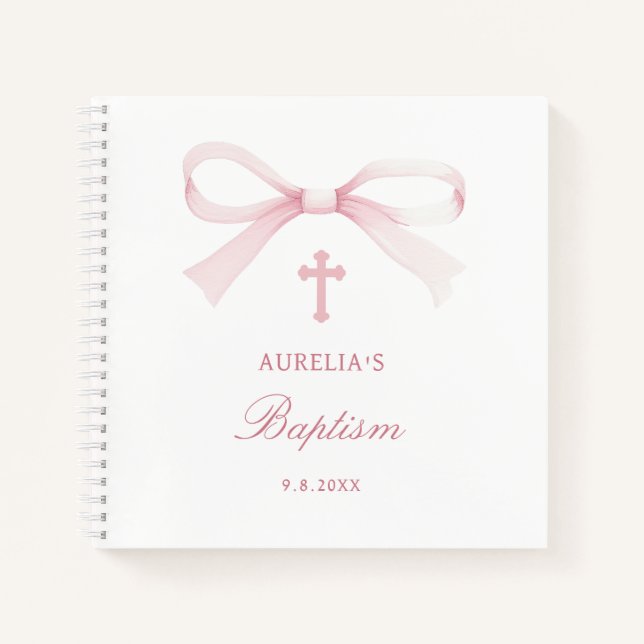 Watercolor Pink Bow Baptism Guest Book Notizbuch (Vorderseite)
