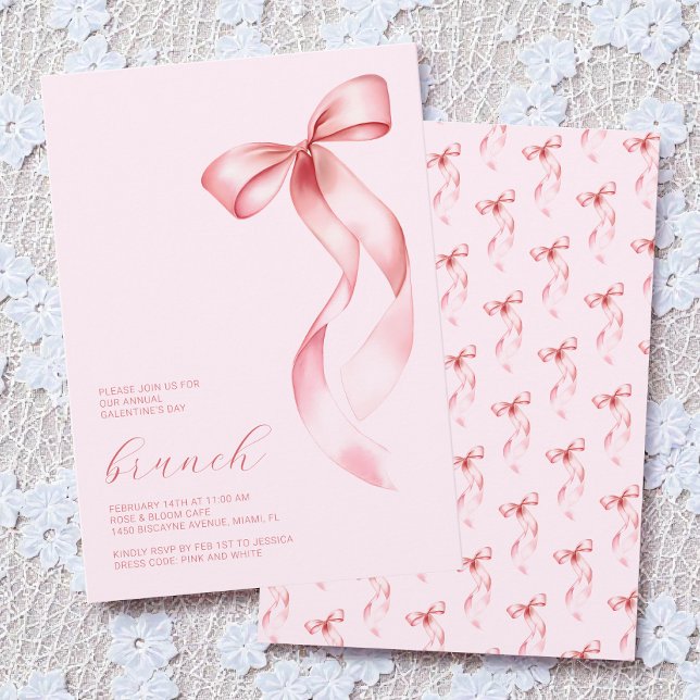 Watercolor Pink Bow Chic Galentine’s Day Brunch Einladung (Watercolor Pink Bow Chic Galentine’s Day Brunch Invitation)