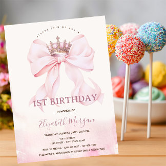 Watercolor Pink Bow Crown 1st Birthday Einladung