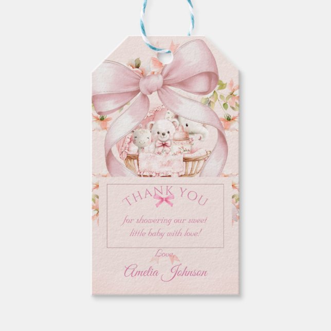 Watercolor Pink Bow Diaper Raffle Ticket Geschenkanhänger (Vorderseite)