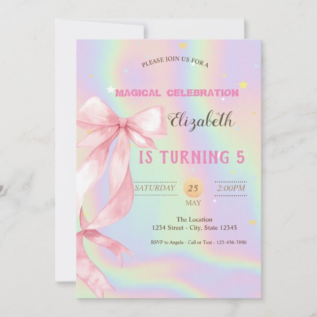 Watercolor Pink Bow Holographic Birthday Einladung (Vorderseite)