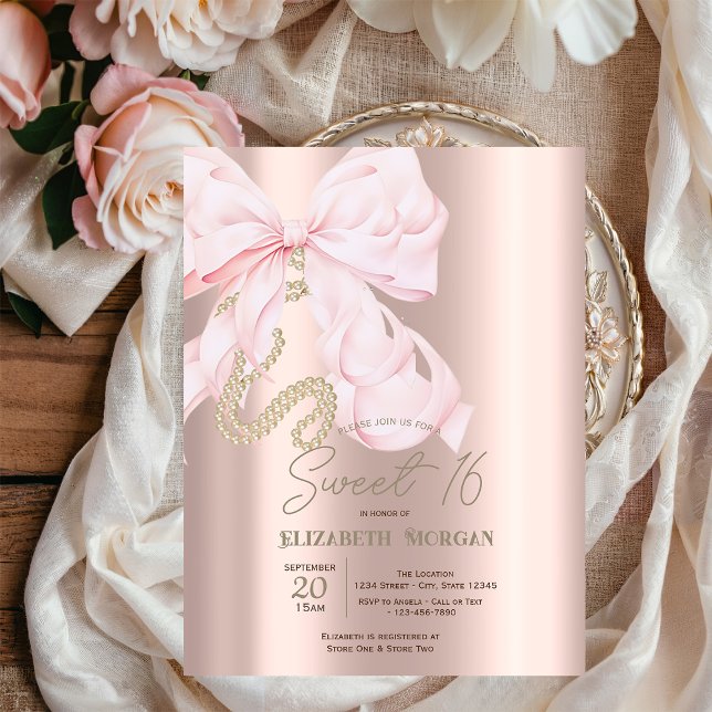 Watercolor Pink Bow Pearls Rose Gold Sweet 16 Einladung (Von Creator hochgeladen)
