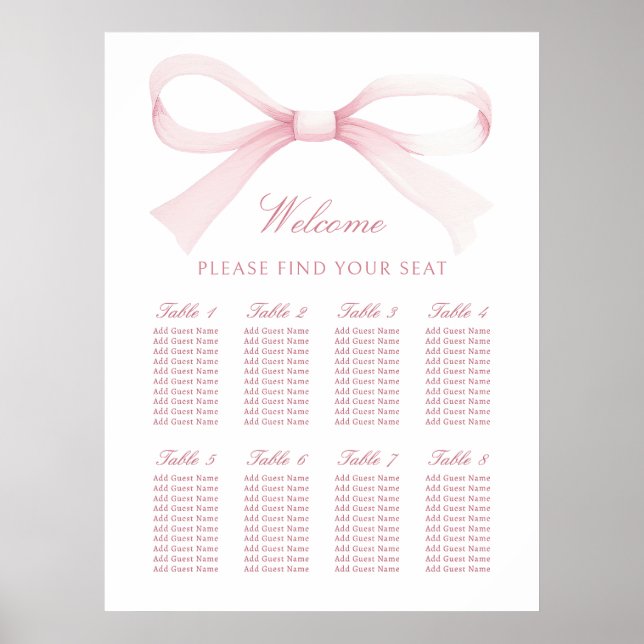 Watercolor Pink Bow Seating Chart Poster (Vorne)