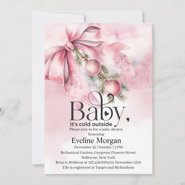 Watercolor Pink Bow with Baubles Baby Shower  Einladung (Vorderseite)