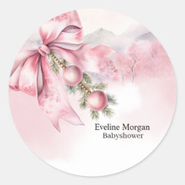 Watercolor Pink Bow with Baubles Baby Shower Runder Aufkleber